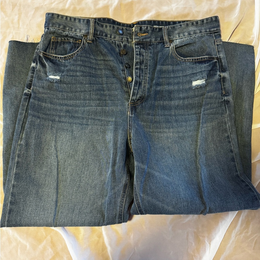 Dip Blue Flare Wide Leg Jeans with Distressed Details